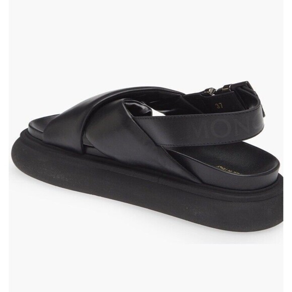 New Moncler Women Black Solarisse Cross-Strap Leather Sandals Platform 37 7 7.5 - Picture 2 of 13
